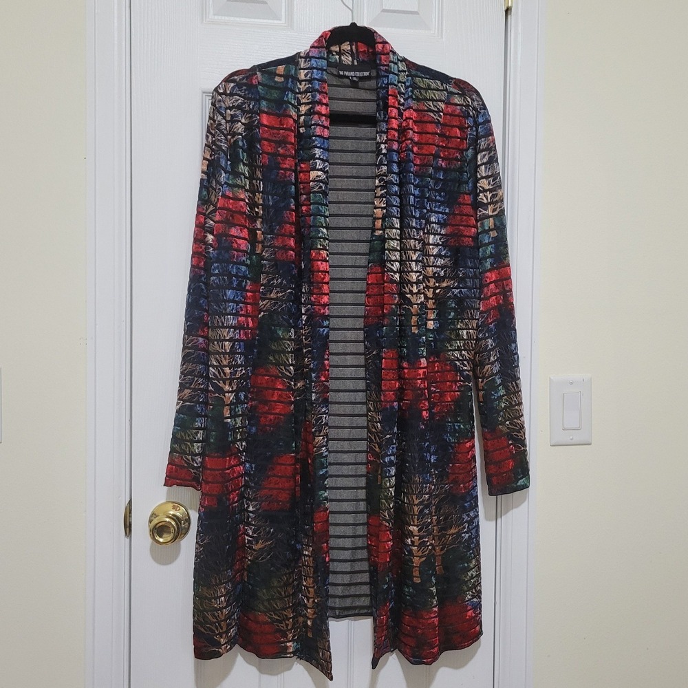 The Pyramid Collection Velvet Burnout Floral Print Duster Cardigan XL Red Blue